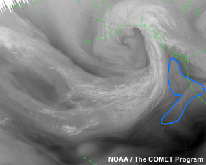 Imagen satelital de vapor de agua centrada en Pacífico Norte de las 06 UTC del 20 de septiembre de 2011 en la cual un alumno ha trazado un posible lugar de ciclogénesis.