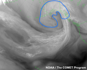 Imagen satelital de vapor de agua centrada en Pacífico Norte de las 06 UTC del 20 de septiembre de 2011 en la cual un alumno ha trazado un posible lugar de ciclogénesis.