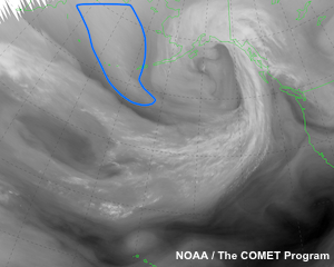 Imagen satelital de vapor de agua centrada en Pacífico Norte de las 06 UTC del 20 de septiembre de 2011 en la cual un alumno ha trazado un posible lugar de ciclogénesis.
