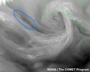 Imagen satelital de vapor de agua centrada en Pacífico Norte de las 06 UTC del 20 de septiembre de 2011 en la cual un alumno ha trazado un posible lugar de ciclogénesis.