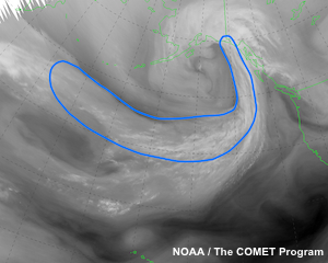 Imagen satelital de vapor de agua centrada en Pacífico Norte de las 06 UTC del 20 de septiembre de 2011 en la cual el experto ha trazado un posible lugar de ciclogénesis.