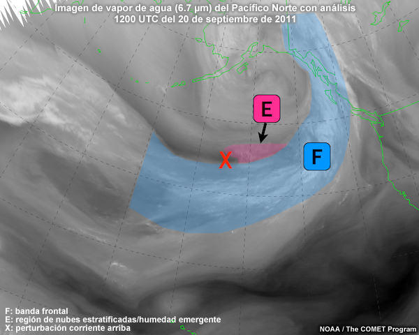 Imagen satelital de vapor de agua centrada en el Pacífico Norte que muestra los elementos precursores de la ciclogénesis (1200 UTC del 20 de septiembre de 2011).