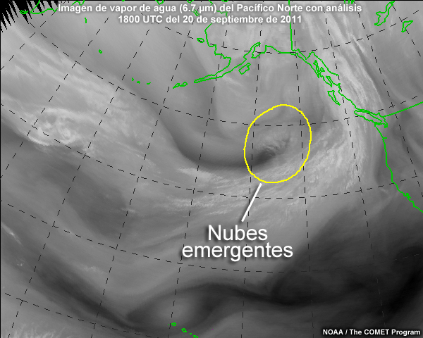 Imagen satelital de vapor de agua centrada en Pacífico Norte de las 18 UTC del 20 de septiembre de 2011 en la cual se ha identificado las nubes estratificadas emergentes asociadas con la ciclogénesis.