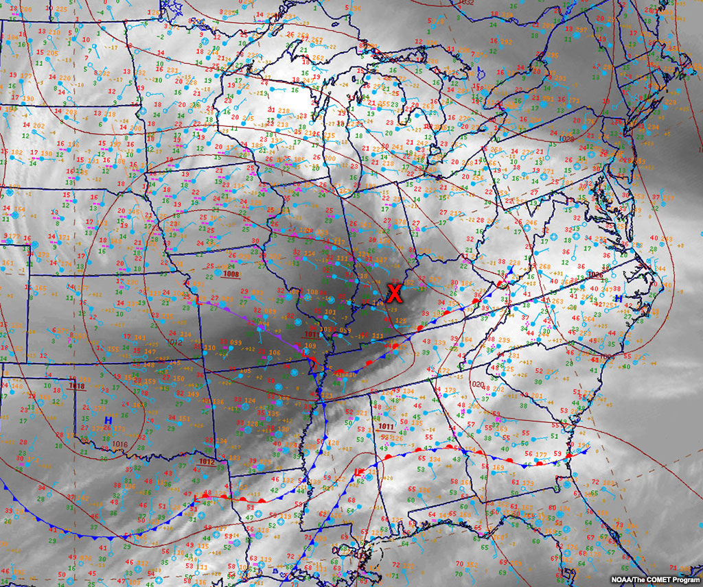 Satellite image and surface analysis for 2013 February 21 with vort max.