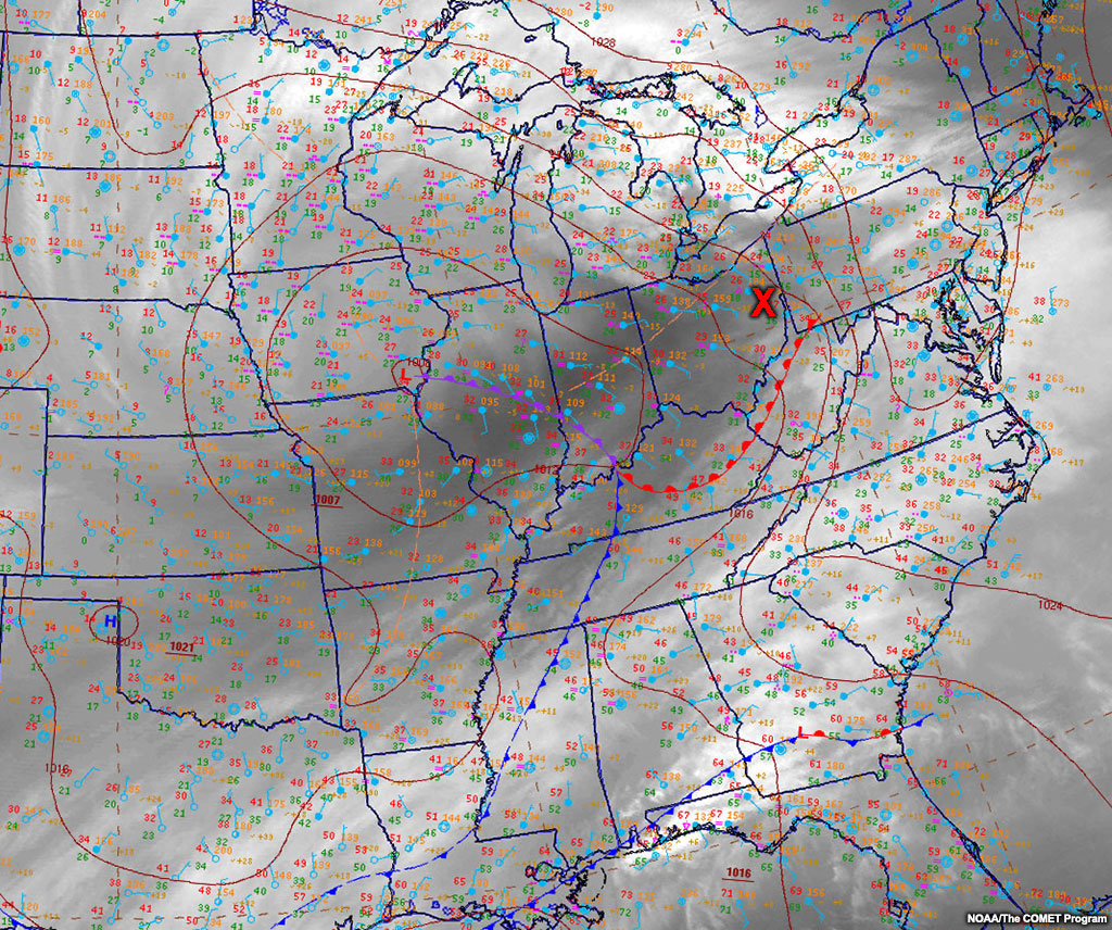 Satellite image and surface analysis for 2013 February 21 with vort max.