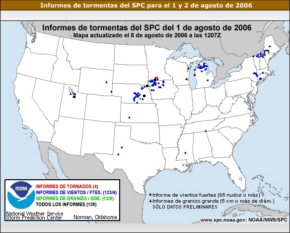 Informes de tormenta del SPC para el 1 y el 2 de agosto de 2006. El 1 de agosto se observa una línea de informes que forma un arco desde el sur de Texas a través de Kansas con una marcada concentración en el NE de Nebraska y el NO de Iowa. Esta línea continúa a través de Wisconsin, el centro norte de Michigan hasta Maine.  El 2 de agosto la línea de informes es más recta y se extiende desde Oklahoma hacia el NE a través de Kansas, Missouri, Illinois y Michigan hasta el sur de Ontario, a través de Nueva York hasta Nuevo Hampshire, Vermont y Massachusetts. La mayor parte de los informes para ambos días corresponden a vientos fuertes.  (123 de 139 y 178 de 193). 