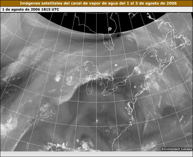 Secuencia de imágenes de vapor de agua del evento de arco de convección del 1 al 3 de agosto de 2006. Las imágenes muestran un centro de alta presión sobre Georgia y la Carolina del sur que se desplaza hacia el este con el tiempo. Se desarrolla actividad convectva en la periferia del anticiclón al norte y al oeste, donde la corriente en chorro sigue la dorsal. Esta convección se disipa, pero vuelve a ocurrir al día siguiente un poco hacia el sur y el este respecto del día anterior. La secuencia termina el tercer día con otro ciclo de convección justo al sur y el este, lo cual refleja el movimiento del anticiclón.