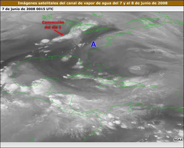 Secuencia de imágenes de vapor de agua de un evento de arco de convección del 6 al 8 de junio de 2008. Se observa un centro de alta presión sobre los estados de la costa central del Atlántico que se desplaza lantamanete hacia el suroeste con el tiempo. La convección comienza en la periferia del anticiclón al norte y al oeste de la zona de deformación que lo define. La convección de cada día se indica con una flecha roja.  