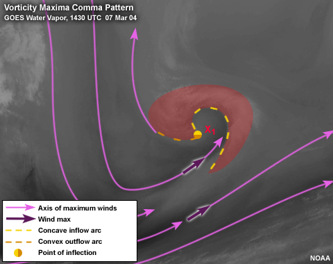 GOES Water Vapor, 1430 UTC 07 Mar 04 highlighting the area of a comma associated with a vorticity maximum.