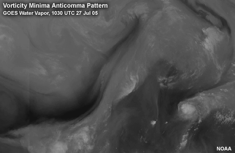 GOES Water Vapor, 1030 UTC  27 Jul 05 showing a typical anticomma pattern.