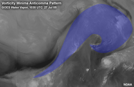 GOES Water Vapor, 1030 UTC  27 Jul 05 showing a typical anticomma pattern with pattern highlighted.