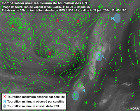 GOES Water Vapor from 1145 UTC 29 June 2004 with GFS 500 hPa absolute vorticity from the 00-hr forecast valid 1200 UTC 29 June 2004. Comparing location of observed  voriticity minima to NWP locations.