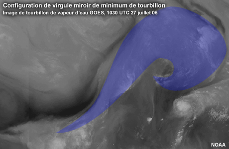 GOES Water Vapor, 1030 UTC  27 Jul 05 showing a typical anticomma pattern with pattern highlighted.