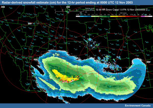Radar-derived snowfall (cm) estimate for the 12-hr period ending at 0000 UTC 12 Nov 2003