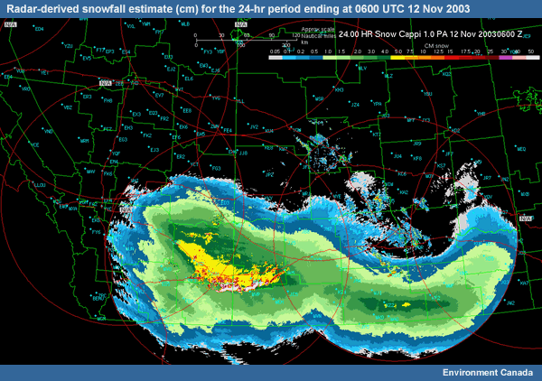 Radar-derived snowfall (cm) estimate for the 24-hr period ending at 0600 UTC 12 Nov 2003