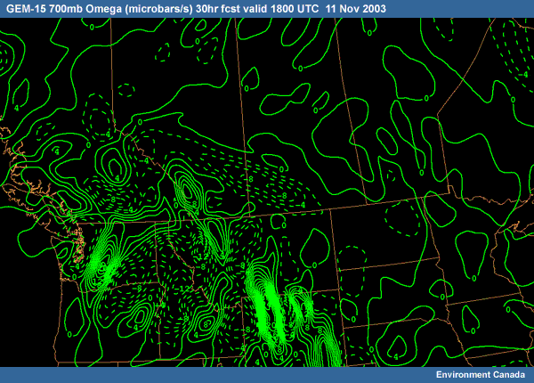 GEM-15 700mb Omega (microbars/s) 30hr fcst valid 1800 UTC  11 Nov 2003