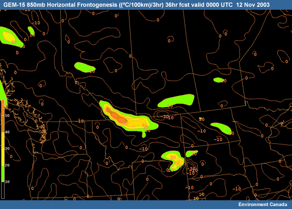 GEM-15 850mb Horizontal Frontogenesis 36hr fcst valid 0000 UTC  12 Nov 2003