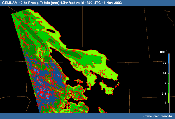 GEMLAM 12-hr Precip Totals (mm) 12hr fcst valid 1800 UTC 11 Nov 2003