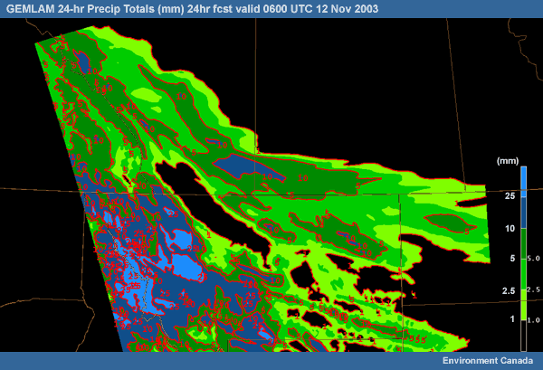 GEMLAM 24-hr Precip Totals (mm) 24hr fcst valid 0600 UTC 12 Nov 2003