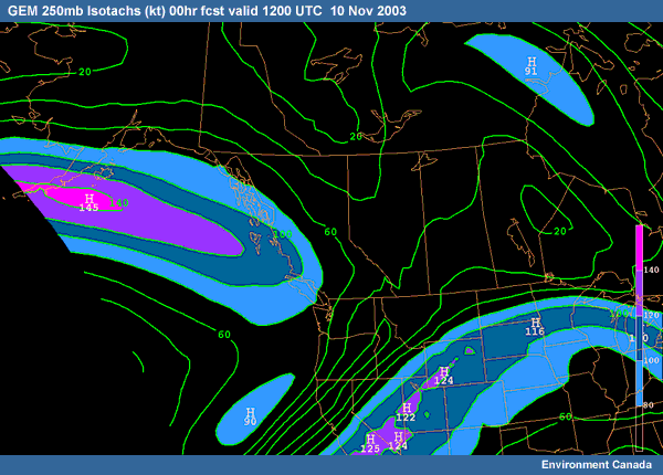 GEM 250mb Isotachs (kt) 00hr fcst valid 1200 UTC  10 Nov 2003