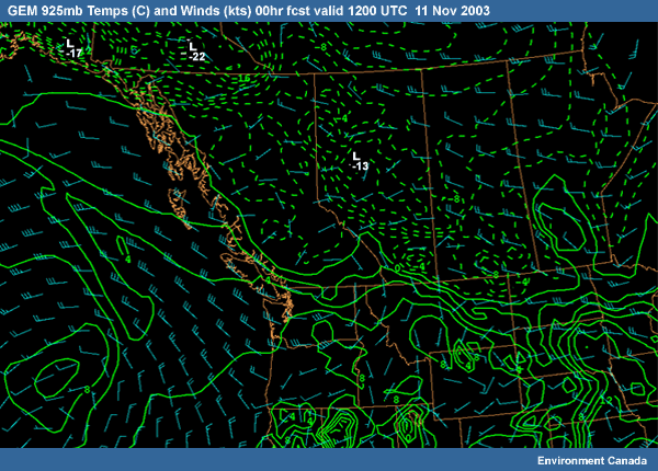 GEM 925mb Temps (C) and Winds (kts) 00hr fcst valid 1200 UTC  11 Nov 2003