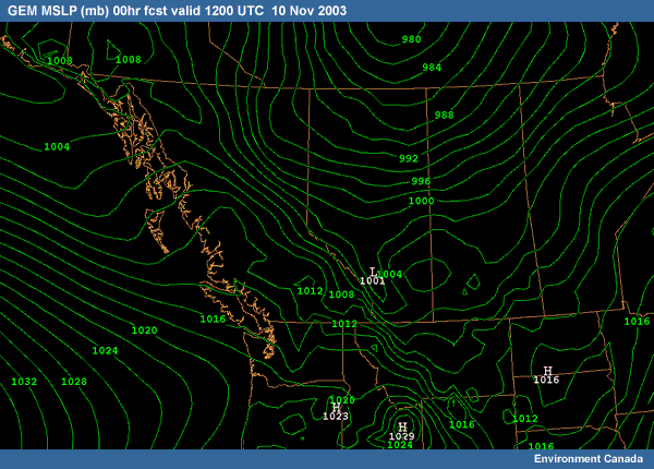 GEM MSLP (mb) 00hr fcst valid 1200 UTC  10 Nov 2003