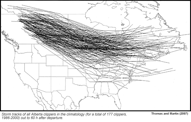 Storm tracks of all Alberta clippers in the climatology (for a total of 177 clippers, 1986-2000) out to 60 h after departure.