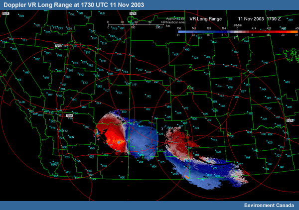 Doppler velocity (km/hr) CAPPI at 1.0 km, for 1730 UTC 11 Nov 2003