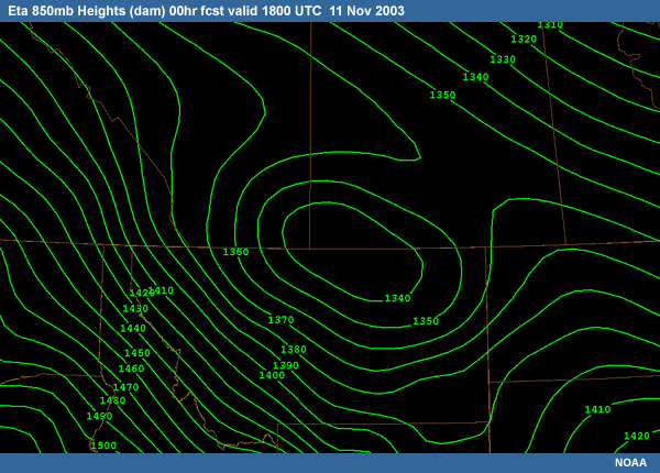 Eta 850mb Heights (dam) 00hr fcst valid 1800 UTC  11 Nov 2003