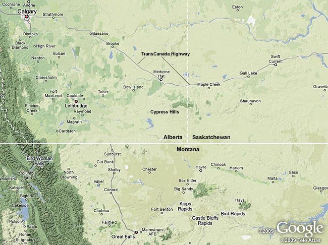 Terrain map of southern Alberta, southwestern Saskatchewan and northern Montana, courtesy of Google