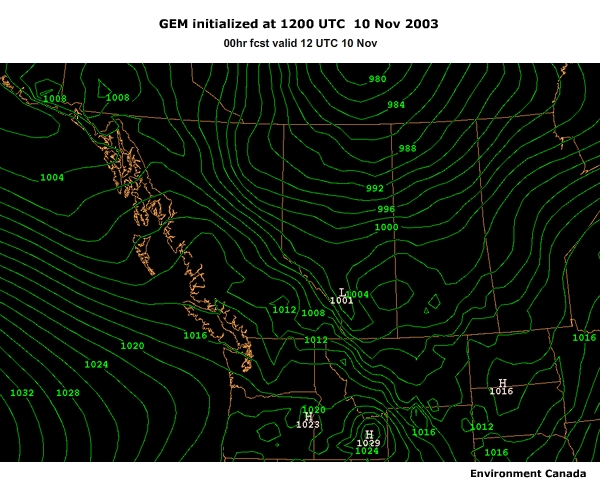GEM model forecast of MSLP (mb) for the 48 hours beginning at 1200 UTC 10 Nov.