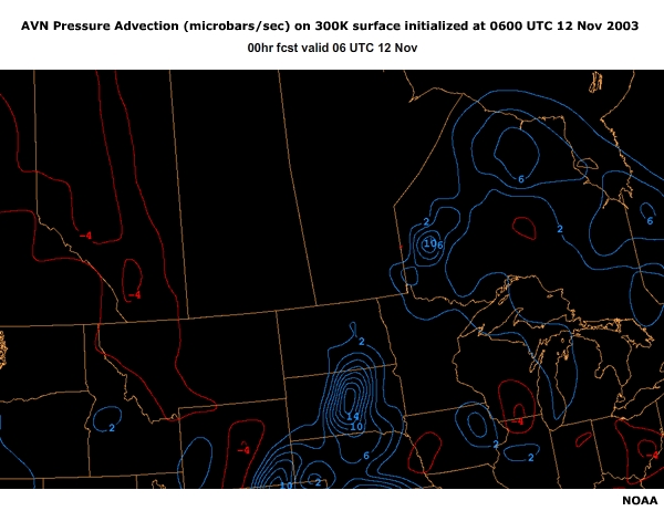 AVN Pressure Advection (microbars/sec) on 300K surface initialized at 0600 UTC 12 Nov 2003