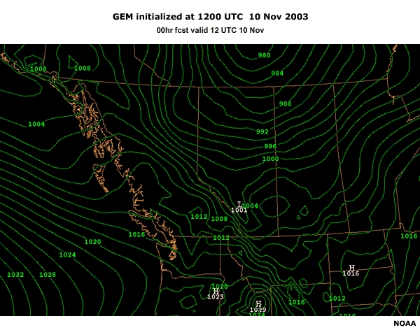 GEM-15 model forecast of MSLP and 6-hr precipitation totals (mm) for the 12 UTC 11 Nov 2003 run