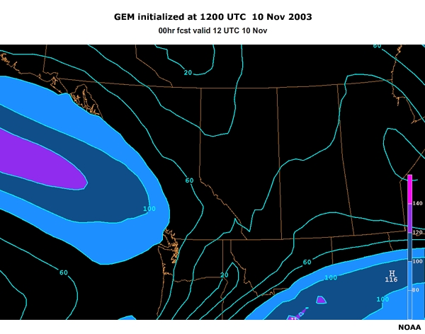 GEM model forecast of MSLP (mb) and 250mb winds (kts) for the 12 UTC 10 Nov 2003 run