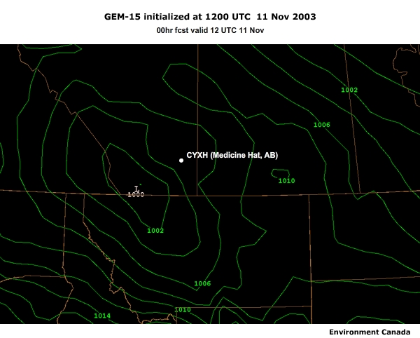 GEM model forecast of MSLP (mb) for the 12 UTC 11 Nov 2003 run
