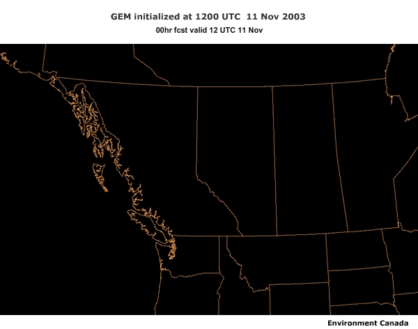 GEM model forecast of MSLP (mb) and 6hr precipitation (mm) for the 12 UTC 11 Nov 2003 run