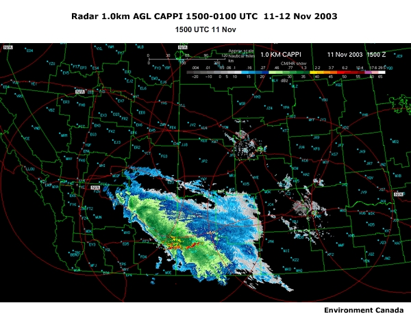 Prairie radar reflectivity (dBZ) at a 1.0 km CAPPI over the region of interest, 15-01UTC 11-12 Nov 2003. Stationary high reflectivity values over the lower center portion of the screen represent the Cypress Hills.