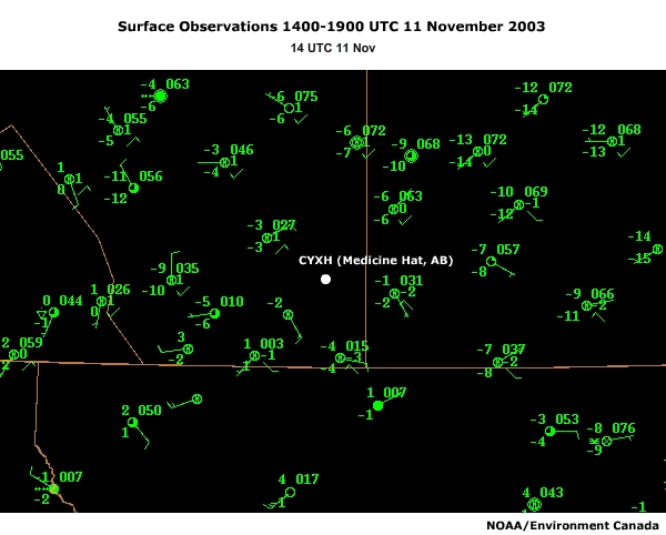 Surface observations in southern Alberta , Saskatchewan and northern Montana, 15-19 UTC 11 Nov 2003