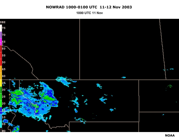 NOWRAD reflectivity (dBZ) 1000-0100 UTC 11-12 November 2003