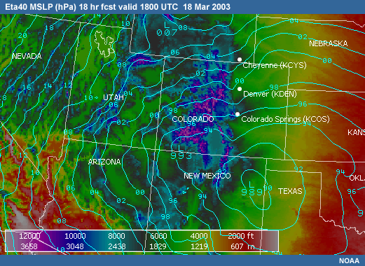 Eta40 MSLP 18 hour forecast valid at 18z 18 March 2003 showing nosing of the surface pressure along the eastern edge of the foothills.