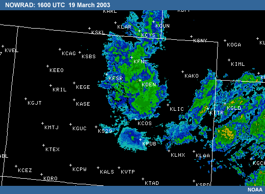 NOWRAD of Denver area showing decrease in moisture flow into the area.