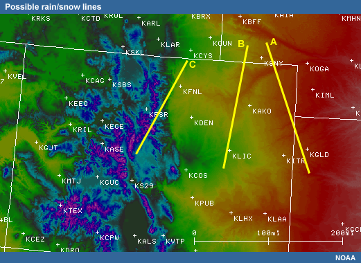 Map with labelled lines for locating the rain/snow boundary