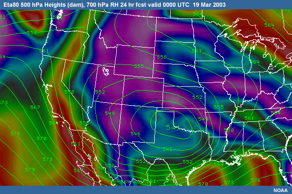 Eta80 500hPa Heights and 700hPa RH, 24hour forecast valid 00UTC 19 March 2003