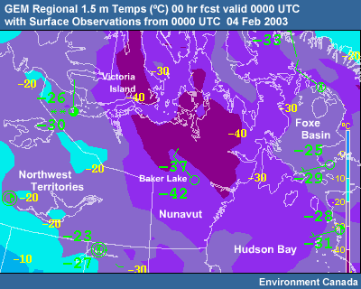 GEM Regional 1.5 m Temperatures (ºC) 00 hr fcst with Surface Observations valid 0000 UTC 04 Feb 2003