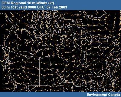 GEM Regional 10m Winds 00 hr fcst valid 1200 UTC 07 Feb 2003