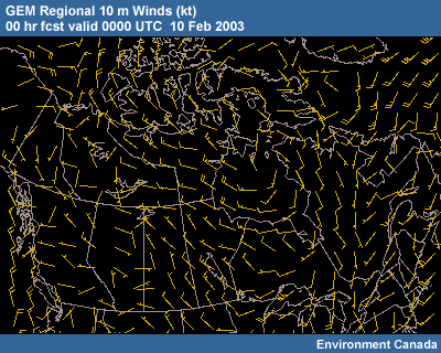 GEM Regional 10m winds 00 hr fcst valid 0000 UTC 10 Feb 2003