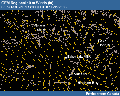 GEM Regional 10m Winds 00 hr fcst valid 1200 UTC 07 Feb 2003