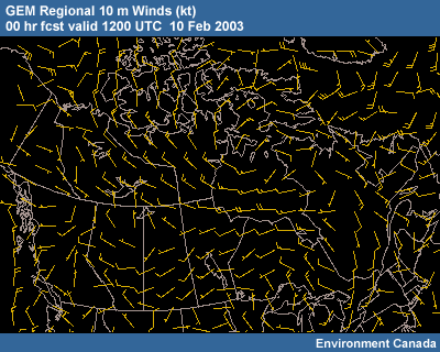 GEM Regional 10m winds 00 hr fcst valid 1200 UTC 10 Feb 2003