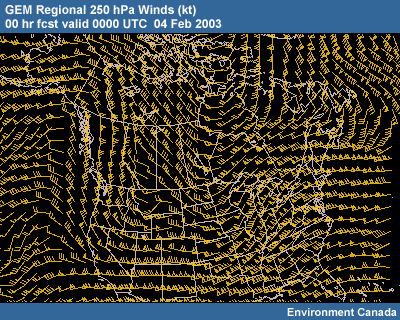 GEM Regional 250 hPa Winds 00 hr fcst valid 0000 UTC 04 Feb 2003