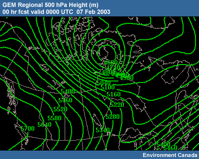 GEM Regional 500-hPa Height 00 hr fcst valid 0000 UTC 07 Feb 2003